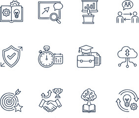 Professional business icons representing growth, success, education, and teamwork for modern presentations