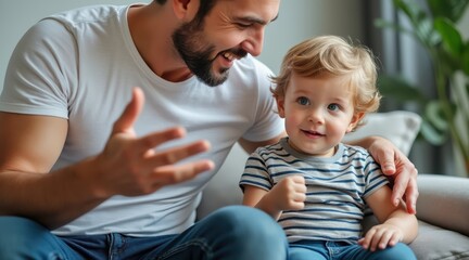single dad son talking concept. Happy father engaging with his smiling child at home.