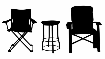 Silhouette of folding chair bar stool and cushioned armchair on a white isolated background scene view | editable eps vectors