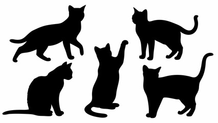 Five black cat silhouettes in various poses including walking sitting and stretching on a white background | editable eps vectors