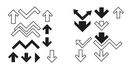 Collection of various arrow shapes and directions, in black and white, for graphic design.