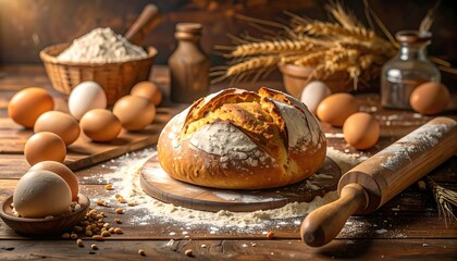 A rustic loaf of artisan bread, surrounded by fresh eggs, flour, and wheat, sits on a wooden table, creating a warm and inviting food still life.