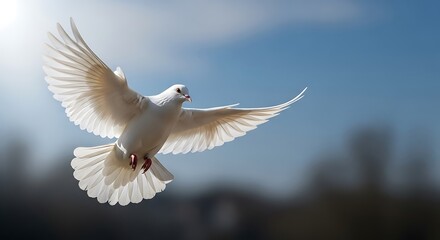 White Dove Flying in Clear Blue Sky with Soft Clouds