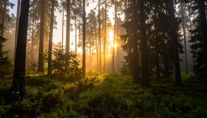 Obraz premium Sunlit forest path at dawn, misty scene