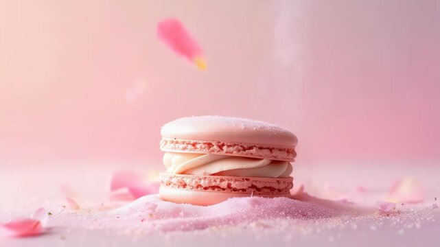 macaron with pastel cream filling floating in air with sugar dust and flower petals on soft pastel pink background