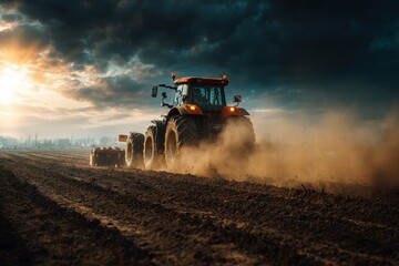 Fototapeta premium Powerful tractor plowing a large open field at sunset creating clouds of dust with an orange hue in the sky
