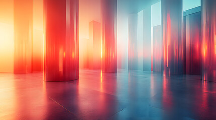 Illuminated Abstract Space With Colored Light and Reflection,Vibrant abstract corridor with illuminated colored panels, creating a surreal atmosphere perfect for modern design and artistic projects