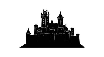 Fototapeta premium silhouette of a majestic medieval castle, fairytale kingdom, dark gothic architecture, mysterious, vintage illustration
