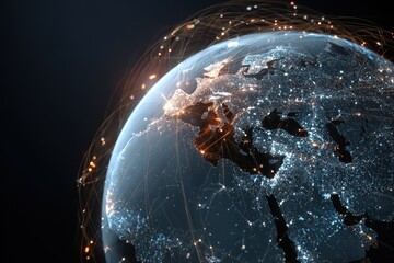 Digital rotating globe showcasing data points and connections across continents, highlighting urban areas and populations around the world