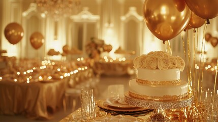 Elegant two-tiered wedding cake with gold roses, balloons, and candlelit reception background.
