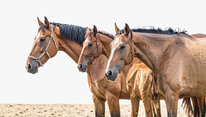 Two majestic horses standing together in a horse breeding farm environment with copy space for text presentation