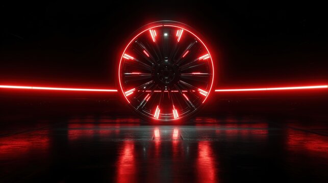 A futuristic wheel with glowing red lights against a dark background. The surface reflects the light, creating a sleek, modern appearance.