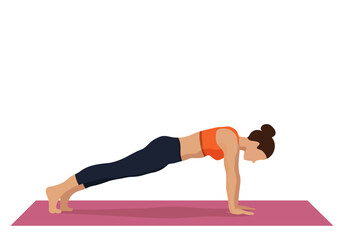 A woman in a plank pose on a yoga mat. Fitness workout for health. Strong body, yoga concept. Element of an isolated figure
