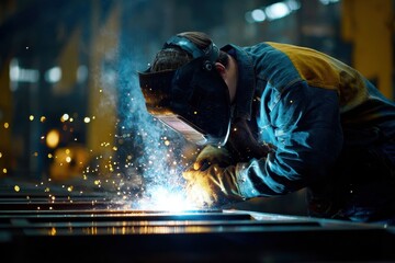 Skilled welder in protective gear focuses on precise welding task in an industrial workspace during the evening hours