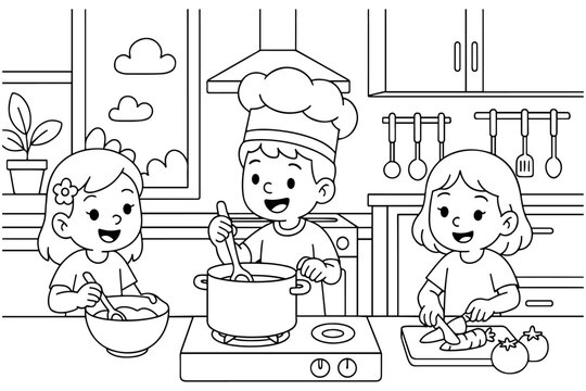 Cute cartoon illustration of kids cooking together in the kitchen, stirring, mixing, and chopping vegetables, perfect for a fun coloring book page.
