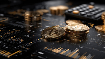 Bitcoin coins sit atop financial charts, representing digital currency and wealth.