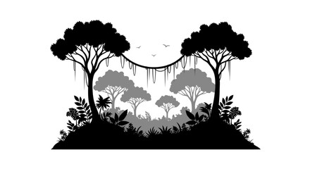 silhouette of lush tropical forest, jungle landscape, trees, vines, plants