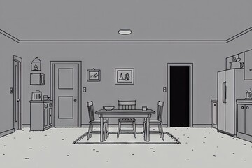 Interior grayscale drawing of a simple kitchen and dining area.