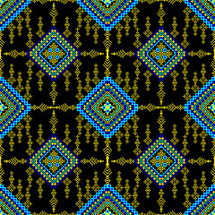 seamless geometric pattern
The symmetrical layout and handcrafted pixel texture evoke ethnic textile aesthetics, making it ideal for use in fabric prints, wallpapers, packaging, and cultural-themed 