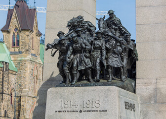 Ottawa, ON, Canada. August 30, 2025: The National War Memorial in Ottawa, Canada, honors soldiers from the First World War with statues symbolizing bravery and sacrifice.