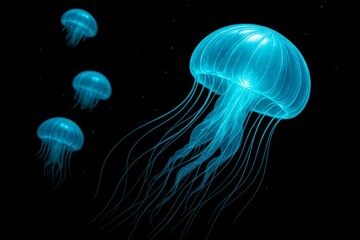 Naklejka premium Glowing blue jellyfish floating in dark ocean with bioluminescent light effect in abstract digital style on black background. Ai generative. Ai generative