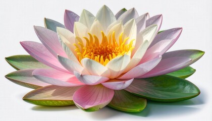 A beautiful water lily flower with delicate pink and white petals and a vibrant yellow center, set against a plain white background.