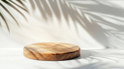 6.Wooden circular display stand with a smooth, rustic finish, placed on a soft white surface. Gentle palm leaf shadows dance across the backdrop, creating a serene tropical ambiance. The minimalist