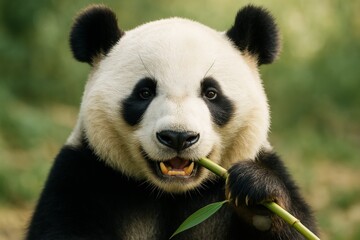Obraz premium Close-up of giant panda chewing bamboo in natural habitat with soft background and warm lighting, showcasing wildlife and animal behavior concepts. Ai generative