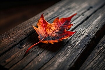 Obraz premium Red Autumn Leaf on Rustic Wooden Surface