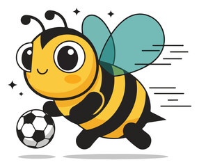 Cartoon bee enthusiastically playing soccer with a soccer ball.