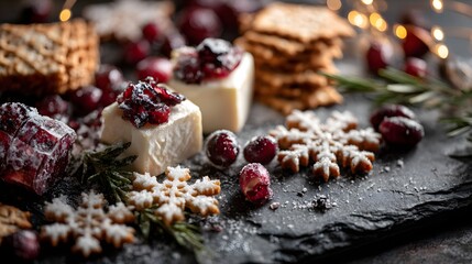 Fototapeta premium Festive dessert table cozy close-up of holiday treats and snowflakes in a culinary display