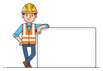 Construction worker with blank sign ready for your message.