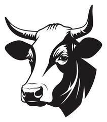 Detailed black and white illustration of a cows head.