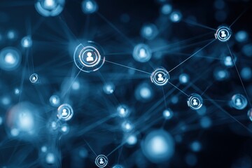 Exploration of digital connections represented by abstract blue background featuring interconnected icons of people engaging in network activities
