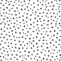 Scattered black squares and hatch marks on a white background creating a simple abstract pattern design