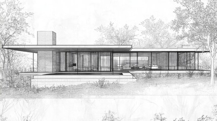 63.A detailed architectural drawing of a contemporary residence, including cross-sections and side elevations. The monochrome wireframe style highlights the designâ€™s structure, foundation, and