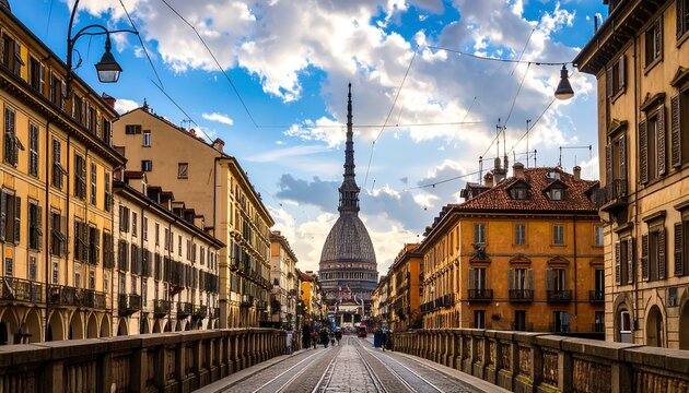 A view of Turin's city streets, showcasing historic buildings and the Mole Antonelliana in the distance.