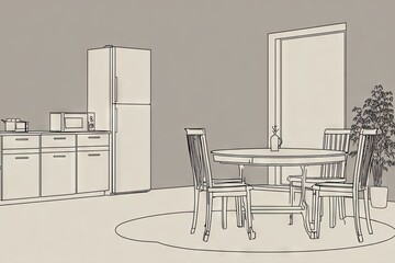 Outline drawing of a kitchen and dining area.