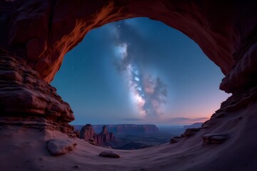 Galaxy framed by canyon arch at night.
