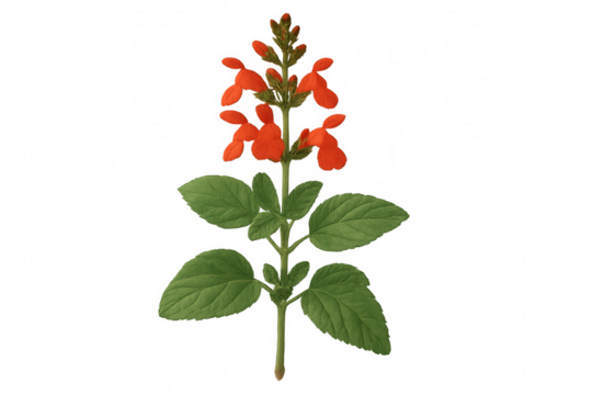 Scarlet sage blossoming, bright red petals emerging from verdant foliage, positioned against transparent backdrop for graphic design applications