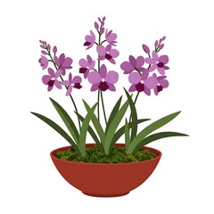 Potted Purple Orchids Illustration with Green Leaves in a Terracotta Planter