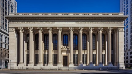 Fototapeta premium 4.Classical-styled grand bank building with an imposing front, featuring a row of massive pillars stretching across its length. The central doorway, flanked by sculpted reliefs, exudes an air of