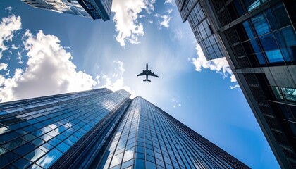 Upward cityscape view with modern skyscrapers and airplane flying overhead, dynamic perspective under partly cloudy sky