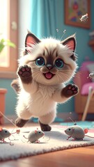 Cute Cat Playing with Mice in Room