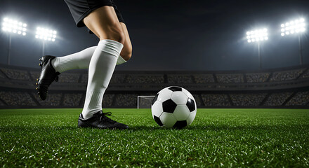 Naklejka premium soccer player legs and feet kicking a ball on a grassy field under stadium lights during a night match
