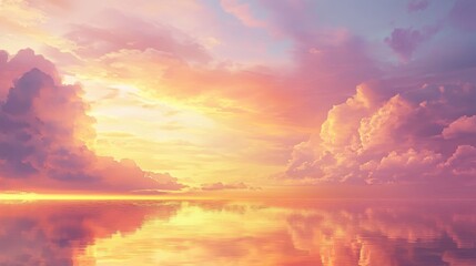 Fototapeta premium 54.A mesmerizing early morning sky blending soft pinks, yellows, and oranges, with delicate cloud formations stretching across the horizon. The water below shimmers with the reflected hues, creating
