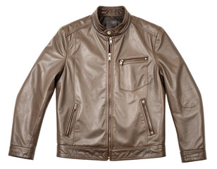 A stylish gray leather jacket, a timeless men's fashion staple, isolated on a white background.