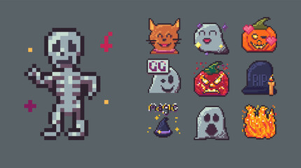 Pixel art halloween icon for game. Ghost, pumpkin, cat, skeleton and hat in retro 8bit style. Creepy monster with spooky expression. Evil tomb and candle assets for chat emoticon and holiday fun