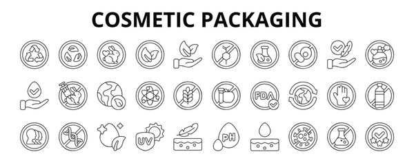 30 Cosmetic Packaging Line Icons Vector - Biodegradable, Vegan, Organic, Allergen Free, Eco Friendly, Clean Beauty, UV Protection, Sensitive Skin, Certified