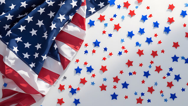 American flag stars and stripes with red and blue confetti